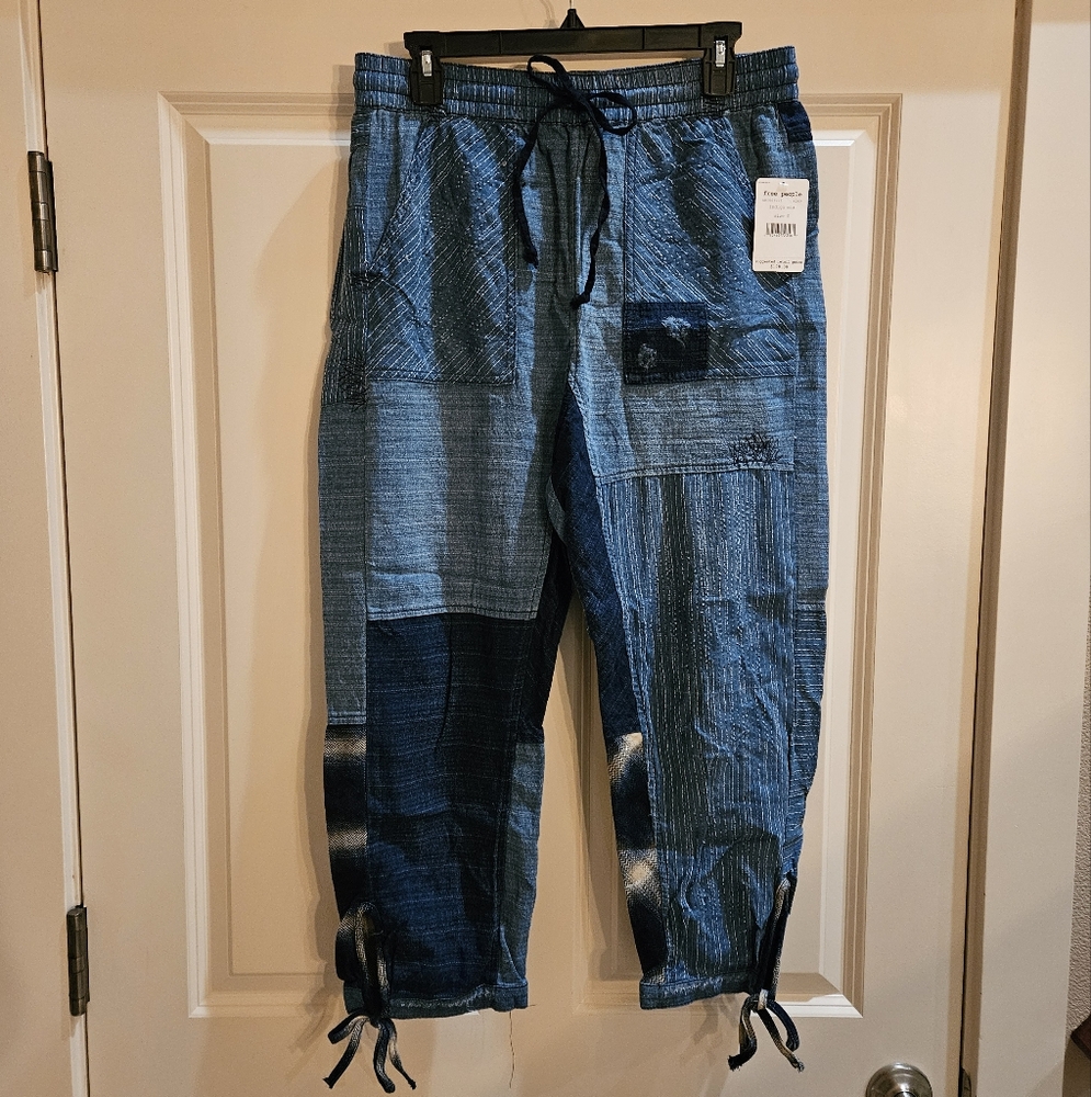 Free People Honey Bee Patched Denim Harem Pants Cropped Linen Blend Blue Sm NWT